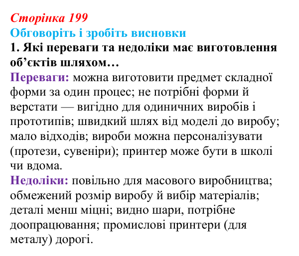 Відповідь до завдання «Обговоріть і зробіть висновки», № 1 (с. 199) з інформатики для 9 класу, Ривкінд 2026: 3D-друк...
