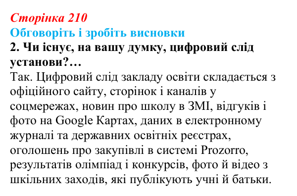 Відповідь до завдання «Обговоріть і зробіть висновки», № 2 (с. 210) з інформатики для 9 класу, Ривкінд 2026: Інформаційні...