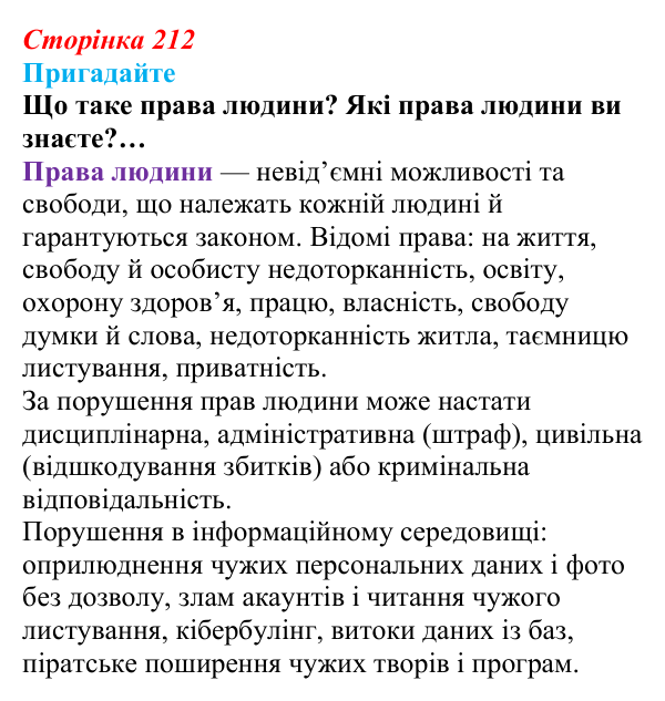 Відповідь до запитань «Пригадайте» (с. 212) з інформатики для 9 класу, Ривкінд 2026: Захист персональних даних. Права...