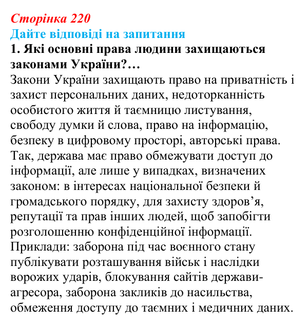 Сторінка 220, запитання 1 Відповідь до запитання 1 (с. 220) з інформатики для 9 класу, Ривкінд 2026: Захист персональних даних. Права людини...