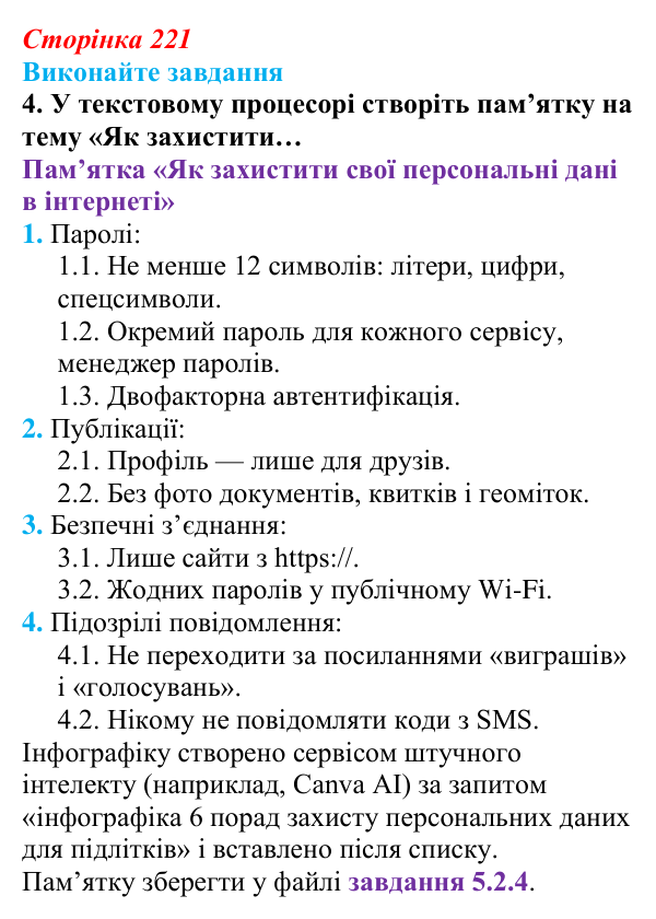 Сторінка 221, завдання 4 Відповідь до завдання 4 (с. 221) з інформатики для 9 класу, Ривкінд 2026: Захист персональних даних. Права людини...