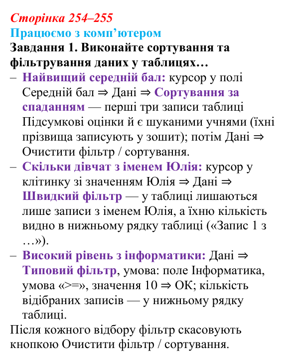 Сторінка 254–255, працюємо з комп’ютером, завдання 1 Відповідь до завдання 1 вправи «Працюємо з комп’ютером» (с. 254–255) з інформатики для 9 класу, Ривкінд 2026: Таблиця...