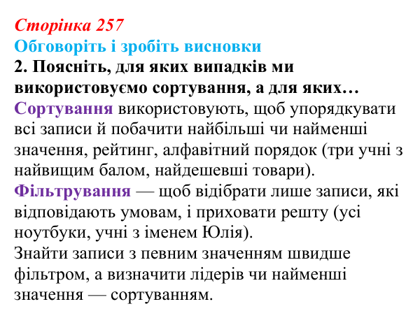Сторінка 257, обговоріть 2 Відповідь до завдання «Обговоріть і зробіть висновки», № 2 (с. 257) з інформатики для 9 класу, Ривкінд 2026: Таблиця...