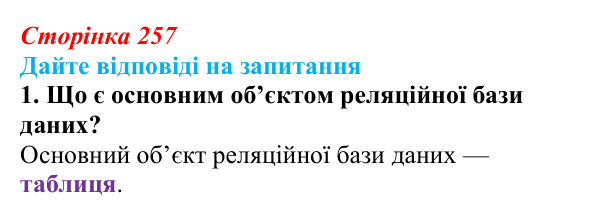 Сторінка 257, запитання 1 Відповідь до запитання 1 (с. 257) з інформатики для 9 класу, Ривкінд 2026: Таблиця, поле, запис, ключ бази даних...