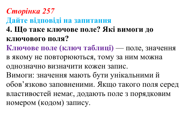 Сторінка 257, запитання 4 Відповідь до запитання 4 (с. 257) з інформатики для 9 класу, Ривкінд 2026: Таблиця, поле, запис, ключ бази даних...