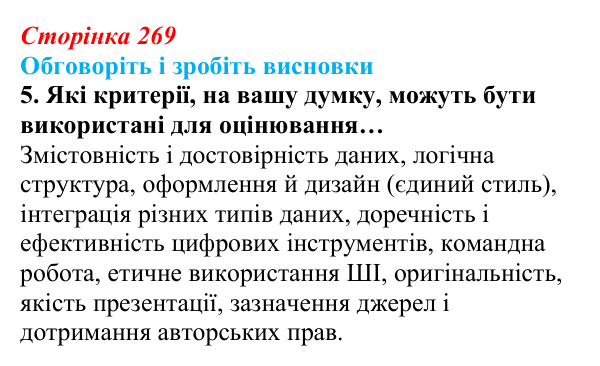 Сторінка 269, обговоріть 5 Відповідь до завдання «Обговоріть і зробіть висновки», № 5 (с. 269) з інформатики для 9 класу, Ривкінд 2026: Практикум...