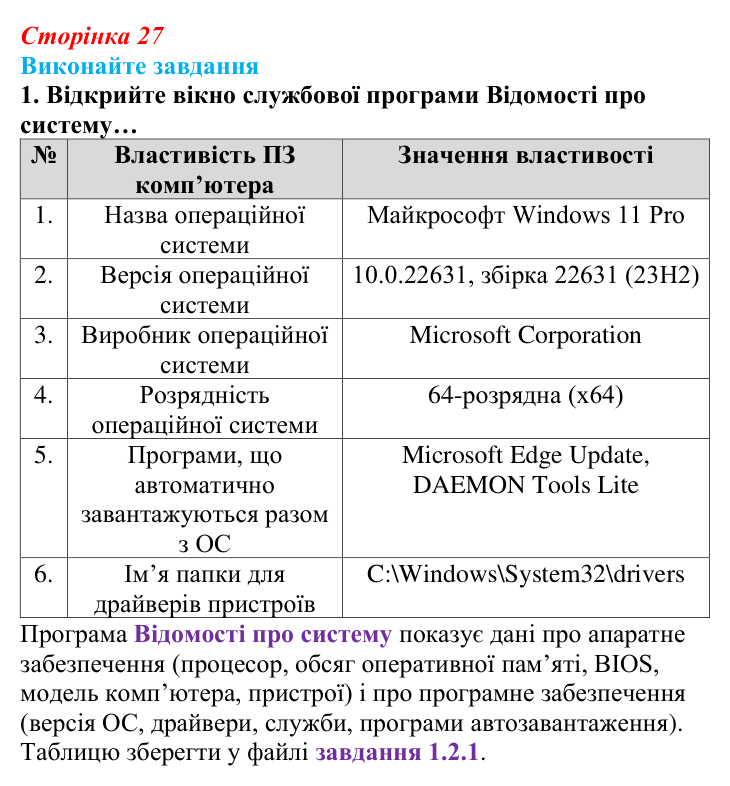 Сторінка 27, завдання 1 Відповідь до завдання 1 (с. 27) з інформатики для 9 класу, Ривкінд 2026: Операційні системи. Сумісність програмного...