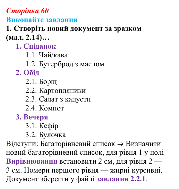 Сторінка 60, завдання 1 Відповідь до завдання 1 (с. 60) з інформатики для 9 класу, Ривкінд 2026: Багаторівневі списки, спеціальні символи...