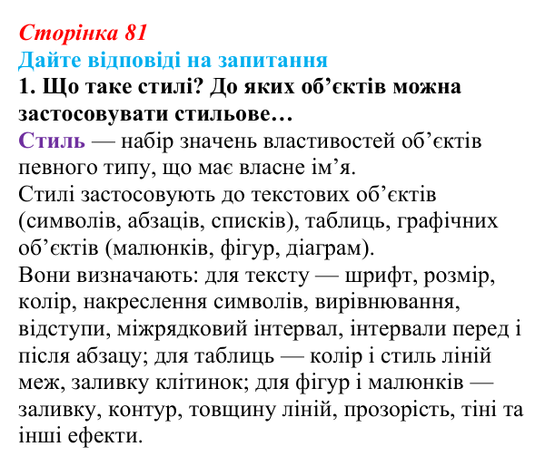 Сторінка 81, запитання 1 Відповідь до запитання 1 (с. 81) з інформатики для 9 класу, Ривкінд 2026: Стилі в текстових документах. Структура...
