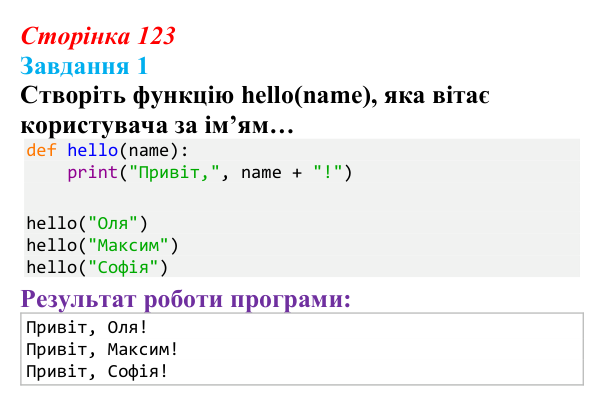 Відповідь до завдання 1 (с. 123) з інформатики для 9 класу, Тріщук 2026: Функції в мові Python. Створення власних команд...