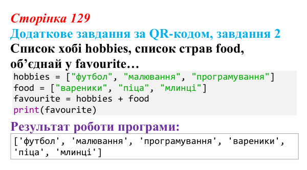 Відповідь до додаткового завдання 2 (с. 129) з інформатики для 9 класу, Тріщук 2026: Списки. Оголошення, доступ...