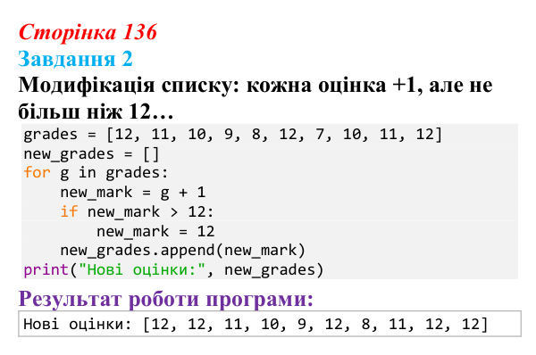 Відповідь до завдання 2 (с. 136) з інформатики для 9 класу, Тріщук 2026: Ітерація списком: цикл for, підрахунок, сумування