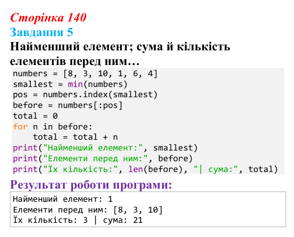 Відповідь до завдання 5 (с. 140) з інформатики для 9 класу, Тріщук 2026: Пошук у списках. Максимум/мінімум, умови