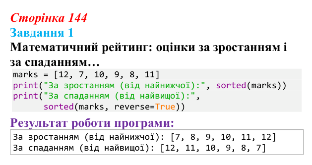 Відповідь до завдання 1 (с. 144) з інформатики для 9 класу, Тріщук 2026: Сортування списків. Виведення за зростанням /...