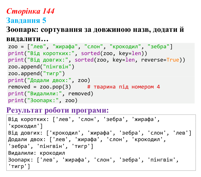 Відповідь до завдання 5 (с. 144) з інформатики для 9 класу, Тріщук 2026: Сортування списків. Виведення за зростанням /...