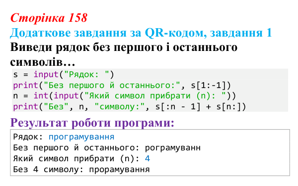Відповідь до додаткового завдання 1 (с. 158) з інформатики для 9 класу, Тріщук 2026: Рядки: оголошення, методи, індексація