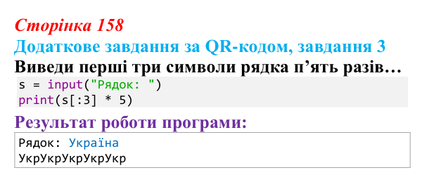Відповідь до додаткового завдання 3 (с. 158) з інформатики для 9 класу, Тріщук 2026: Рядки: оголошення, методи, індексація