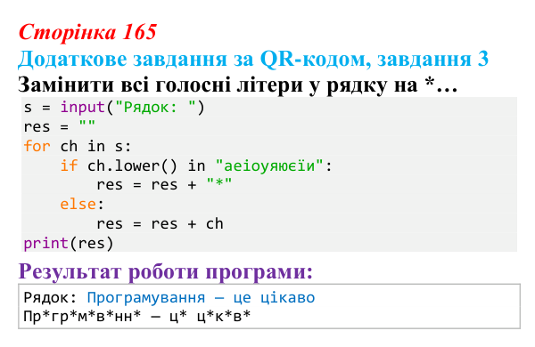 Відповідь до додаткового завдання 3 (с. 165) з інформатики для 9 класу, Тріщук 2026: Маніпуляції з рядками: пошук, заміна...