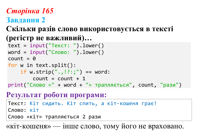 Відповідь до завдання 2 (с. 165) з інформатики для 9 класу, Тріщук 2026: Маніпуляції з рядками: пошук, заміна, split/join