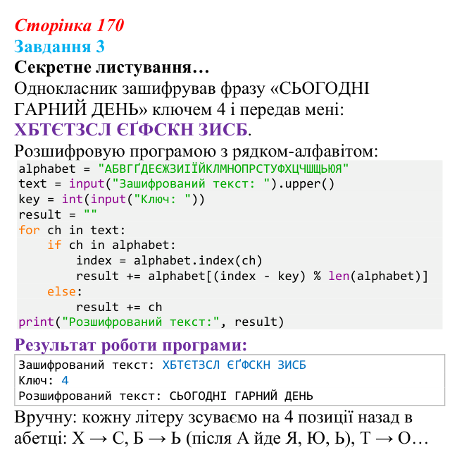 Відповідь до завдання 3 (с. 170) з інформатики для 9 класу, Тріщук 2026: Шифрування: шифр Цезаря