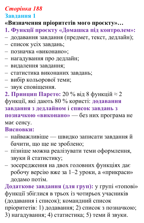Відповідь до завдання 1 (с. 188) з інформатики для 9 класу, Тріщук 2026: Принцип Парето та інші способи пріоритезації