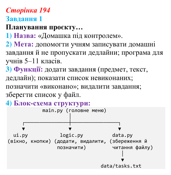 Відповідь до завдання 1 (с. 194) з інформатики для 9 класу, Тріщук 2026: Структура проєкту. Основні модулі. Підготовка