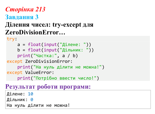 Відповідь до завдання 3 (с. 213) з інформатики для 9 класу, Тріщук 2026: Тестування програм, try-except, перевірка