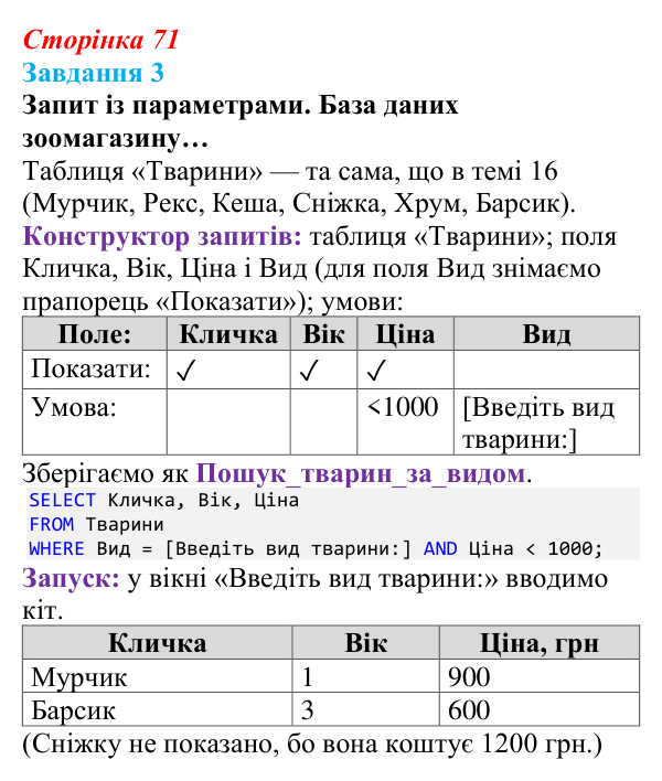 Відповідь до завдання 3 (с. 71) з інформатики для 9 класу, Тріщук 2026: Створення простих запитів. Основи SQL