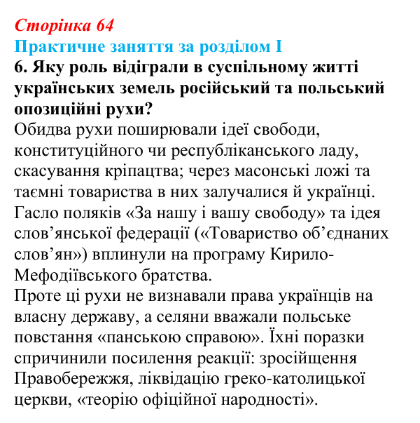 Відповідь: практичне заняття за розділом I, запитання 6 (с. 64) з історії України для 9 класу, Галімов 2026