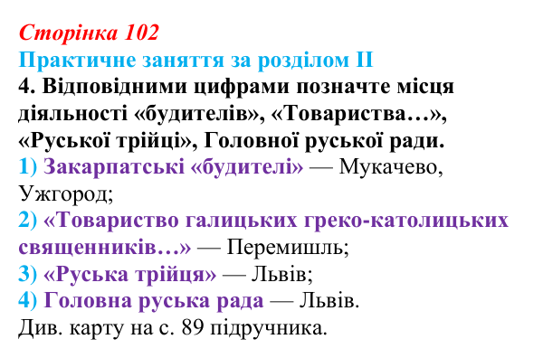 Відповідь: практичне заняття за розділом II, контурна карта, завдання 4 (с. 102) з історії України для 9 класу, Галімов 2026