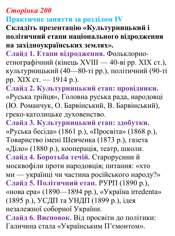 Відповідь: практичне заняття за розділом IV, підготовка (с. 200) з історії України для 9 класу, Галімов 2026