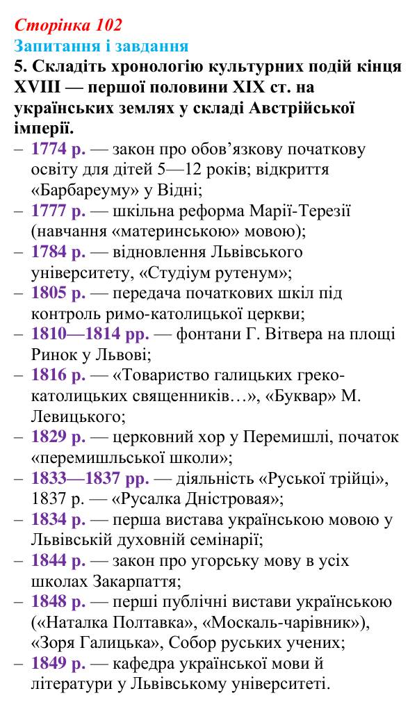 Відповідь до завдання 5 § 14 (с. 102) з історії України для 9 класу, Галімов 2026: Розвиток освіти, науки та літератури...