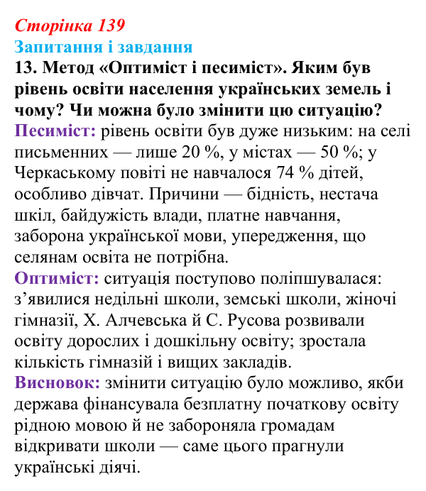 Відповідь до завдання 13 § 19 (с. 139) з історії України для 9 класу, Галімов 2026: Повсякденне життя. Розвиток освіти...