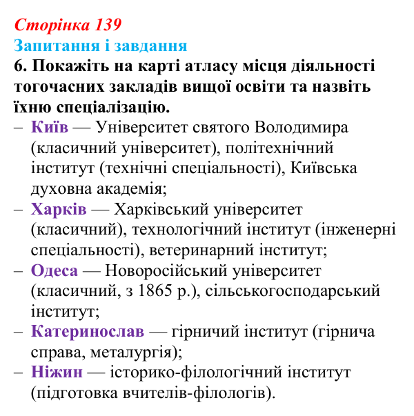 Відповідь до завдання 6 § 19 (с. 139) з історії України для 9 класу, Галімов 2026: Повсякденне життя. Розвиток освіти й науки