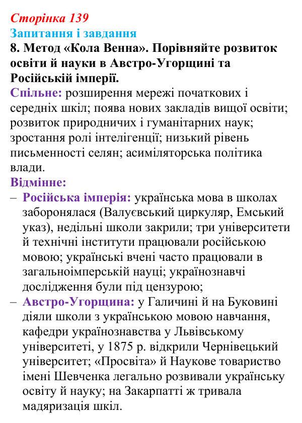 Відповідь до завдання 8 § 19 (с. 139) з історії України для 9 класу, Галімов 2026: Повсякденне життя. Розвиток освіти й науки