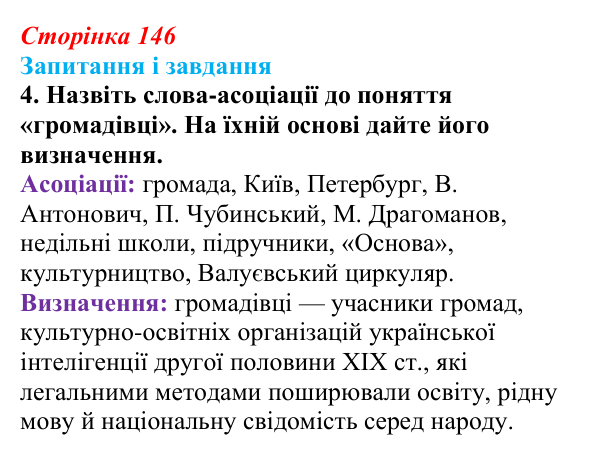 Відповідь до завдання 4 § 20 (с. 146) з історії України для 9 класу, Галімов 2026: Український національний рух наприкінці...
