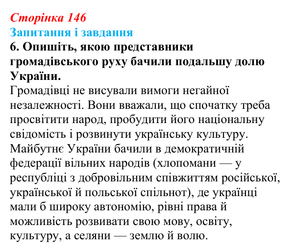 Відповідь до завдання 6 § 20 (с. 146) з історії України для 9 класу, Галімов 2026: Український національний рух наприкінці...