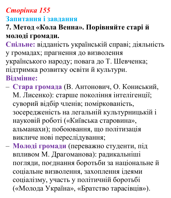 Відповідь до завдання 7 § 21 (с. 155) з історії України для 9 класу, Галімов 2026: Український національний рух наприкінці...