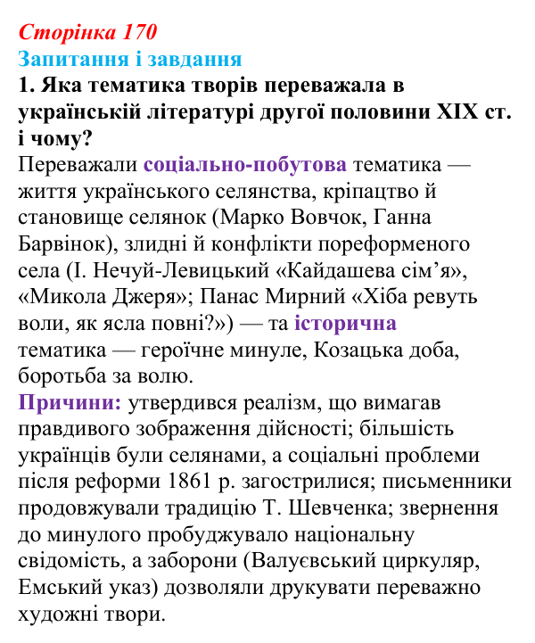 Відповідь до завдання 1 § 23 (с. 170) з історії України для 9 класу, Галімов 2026: Українська література та мистецтво...
