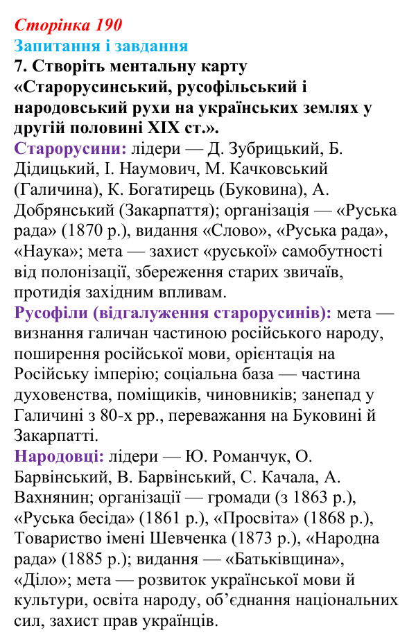 Відповідь до завдання 7 § 25 (с. 190) з історії України для 9 класу, Галімов 2026: Суспільно-політичне життя...
