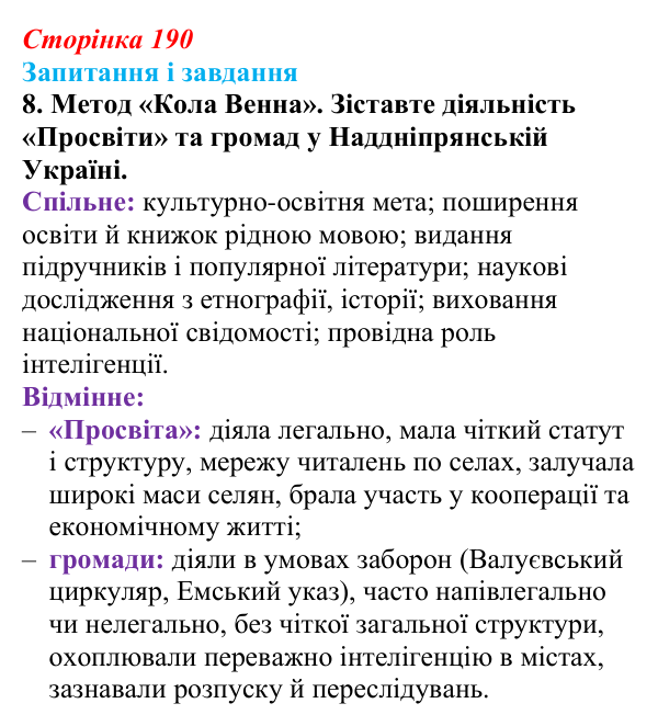 Відповідь до завдання 8 § 25 (с. 190) з історії України для 9 класу, Галімов 2026: Суспільно-політичне життя...