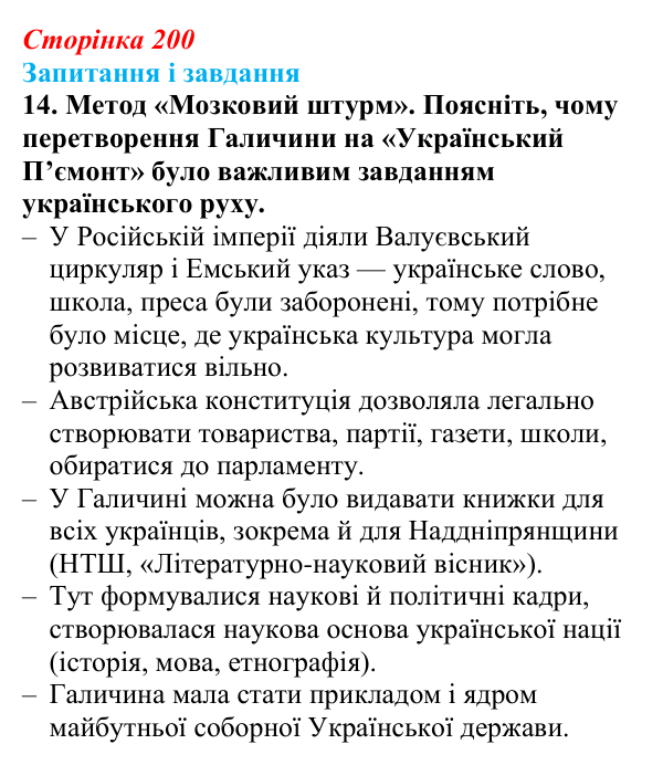 Відповідь до завдання 14 § 26 (с. 200) з історії України для 9 класу, Галімов 2026: Радикальний рух у Галичині...