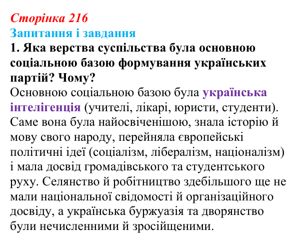 Відповідь до завдання 1 § 28 (с. 216) з історії України для 9 класу, Галімов 2026: Суспільно-політичне життя...