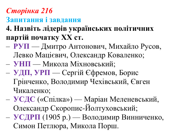 Відповідь до завдання 4 § 28 (с. 216) з історії України для 9 класу, Галімов 2026: Суспільно-політичне життя...
