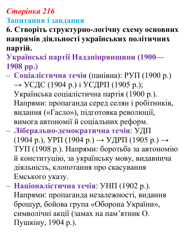 Відповідь до завдання 6 § 28 (с. 216) з історії України для 9 класу, Галімов 2026: Суспільно-політичне життя...