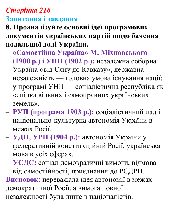 Відповідь до завдання 8 § 28 (с. 216) з історії України для 9 класу, Галімов 2026: Суспільно-політичне життя...