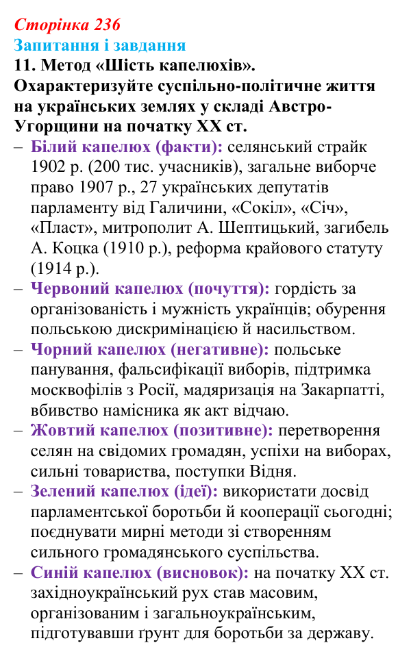 Відповідь до завдання 11 § 30 (с. 236) з історії України для 9 класу, Галімов 2026: Суспільно-політичне життя...