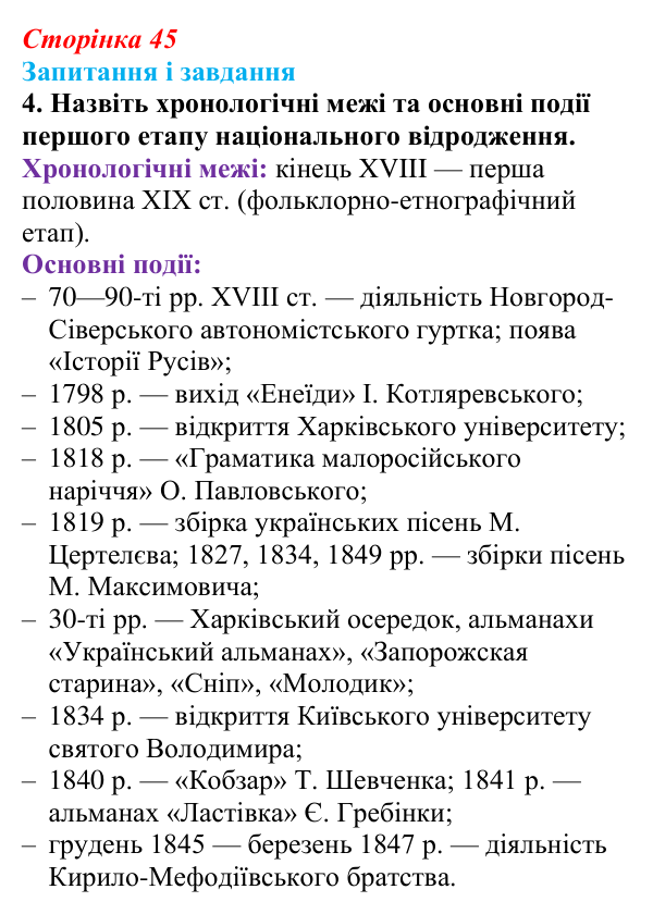 Відповідь до завдання 4 § 6 (с. 45) з історії України для 9 класу, Галімов 2026: Початок українського національного...