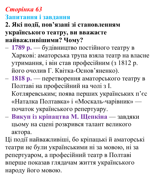 Відповідь до завдання 2 § 9 (с. 63) з історії України для 9 класу, Галімов 2026: Розвиток театру, музики, образотворчого...