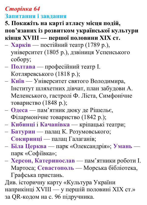 Відповідь до завдання 5 § 9 (с. 64) з історії України для 9 класу, Галімов 2026: Розвиток театру, музики, образотворчого...